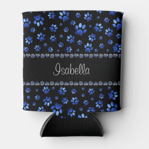 Porta-lata Nome personalizado, patas de cão com brilho azul