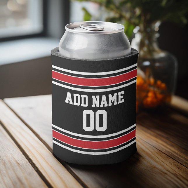 Porta-lata Número de Nome Personalizado de Jersey do Black an (Personalized Can Cooler - add a name and custom text to this sports jersey design)