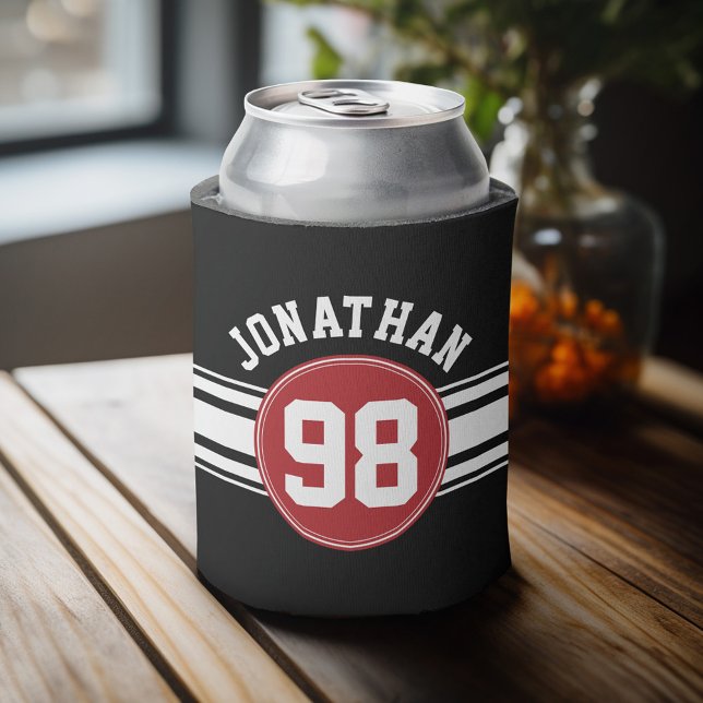 Porta-lata Número de Nome Personalizado de Jersey do Black an (Personalized Can Cooler - add a name and custom text to this sports jersey design)