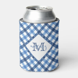 Porta-lata O nome do monograma de diamante gingham azul pode 