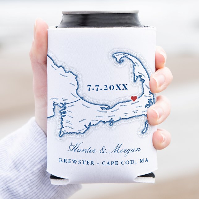 Porta-lata Ocean Edge Resort Cape Cod Weding Favor (Elegant Ocean Edge Resort Wedding Favor Can Coozie with map of Brewster on Cape Cod Massachusetts)