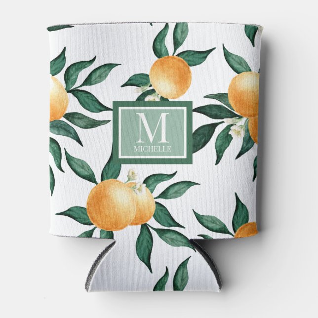 Porta-lata Orange Citrus Watercolor Monogram Name  (Frente)