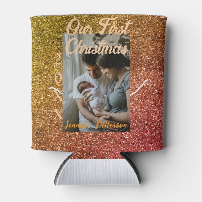 Porta-lata Our first Christmas orange red glitter photo year (Frente)