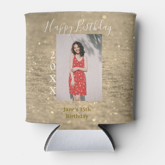 Porta-lata Ouro reluzente feliz 15 de aniversário nome ano (Frente)