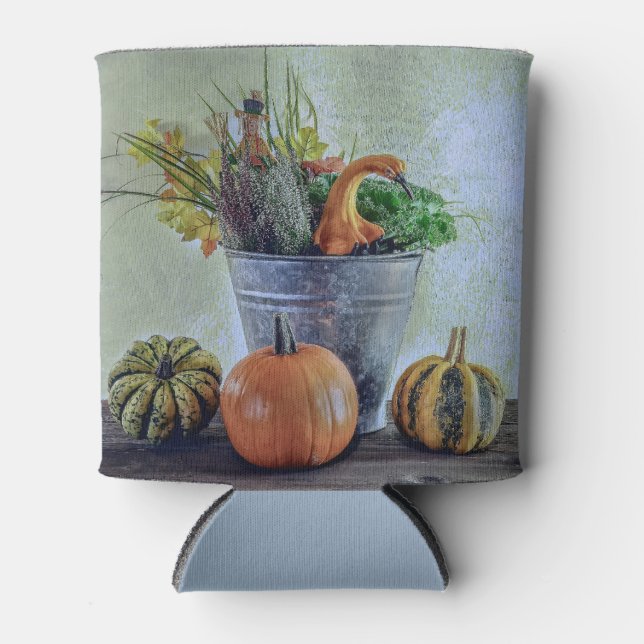 Porta-lata Outono ainda vive com abóboras, flores (Frente)