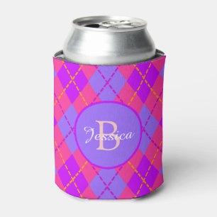 Porta-lata Padrão de Argyle Rosa e Azul Brilhante Monograma
