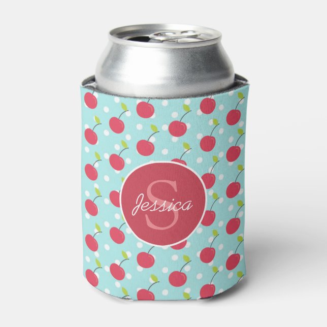 Porta-lata Padrão de Cherry e Bolinhas azul personalizado (Can Front)