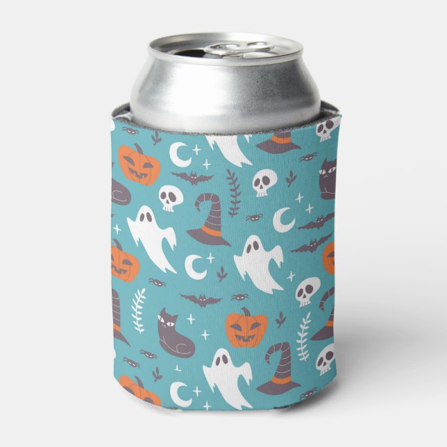 Porta-lata Padrão de Dia das Bruxas de Teal Divertido (Can Front)