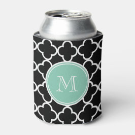 Porta-lata Padrão de Quatrefoil Preto, Monograma Verde Mint