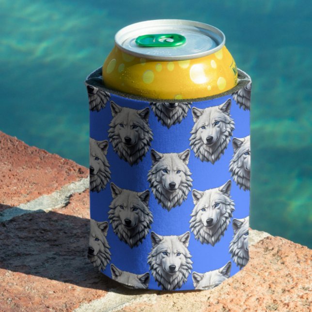 Porta-lata Padrão Design Azul da Cabeça do Lobo Branco (Criador carregado)