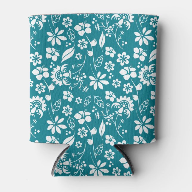 Porta-lata Padrão Floral Azul-Teal Turquesa Tropical (Frente)