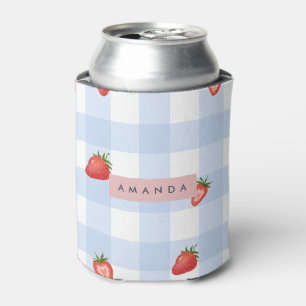 Porta-lata Padrão Personalizado de Morango e Gingham Azul