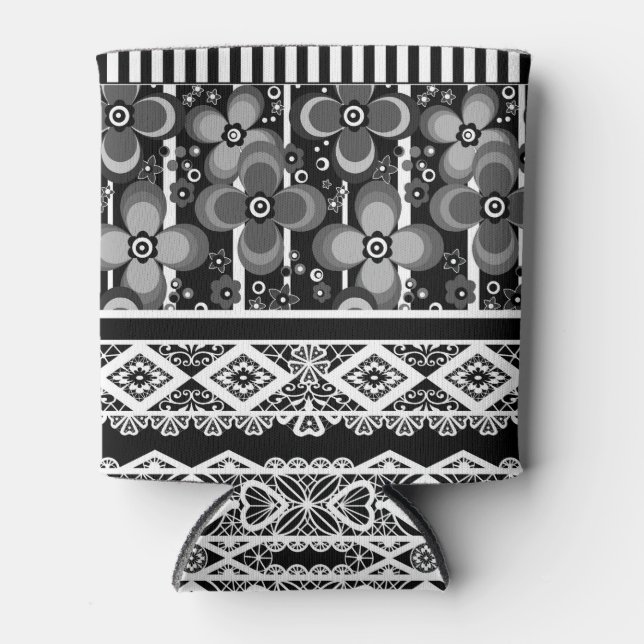 Porta-lata Padrão preto e branco com rendas e retalhos (Frente)