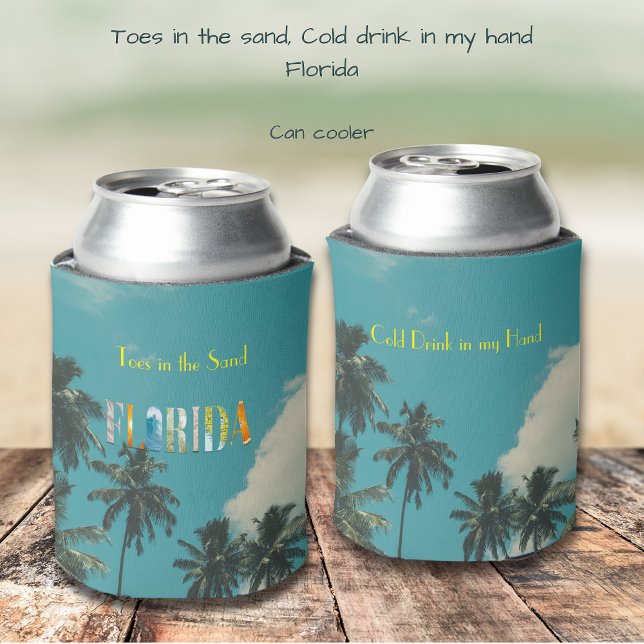 Porta-lata Palm Tree Florida Beach House (Personalize this tropical Can Cooler. Toes in the sand, cold drink in my hand, Florida)