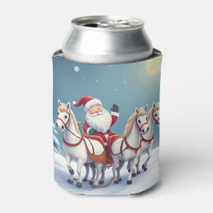 Porta-lata Papai Noel montado em um trenó puxado por cavalos
