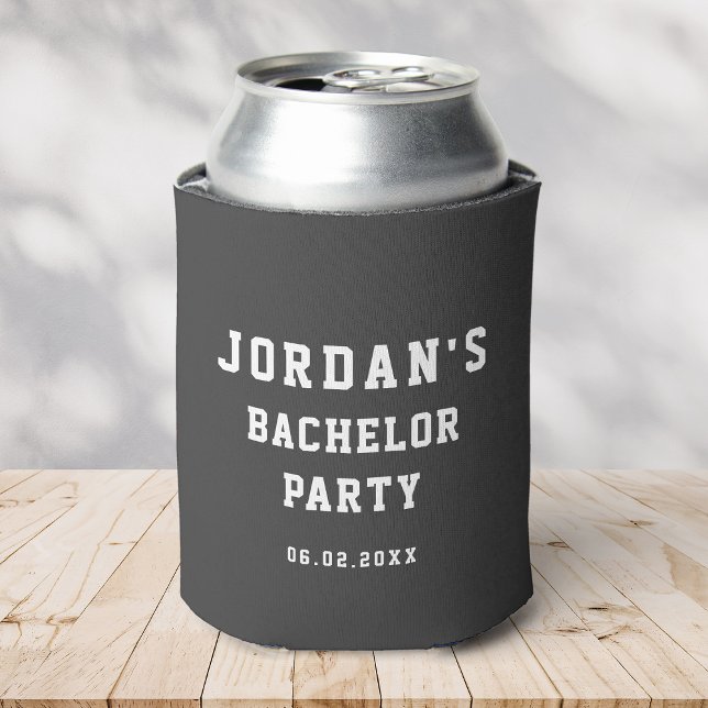Porta-lata Personalizado Simples Moderno Frio Festa de Soltei (a can in a gray cooler with simple, bold writing reading Jordan's Bachelor Party and the  date)