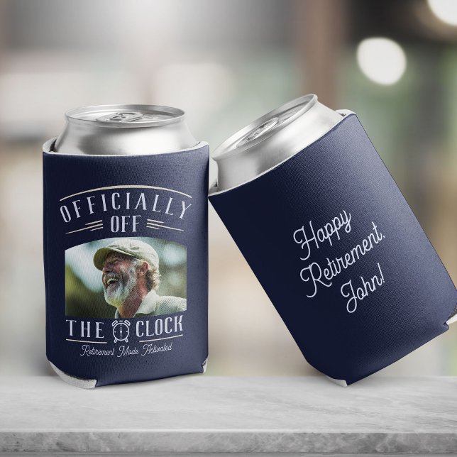 Porta-lata Personalized Retiree Party Favor Retirement Photo  (Light and dark blue retirement photo can cooler with an Officially Off the Clock retirement design )