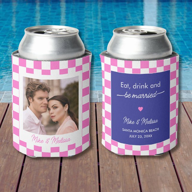 Porta-lata Personalized Wedding Custom Photo Retro Pink Tiles (Criador carregado)