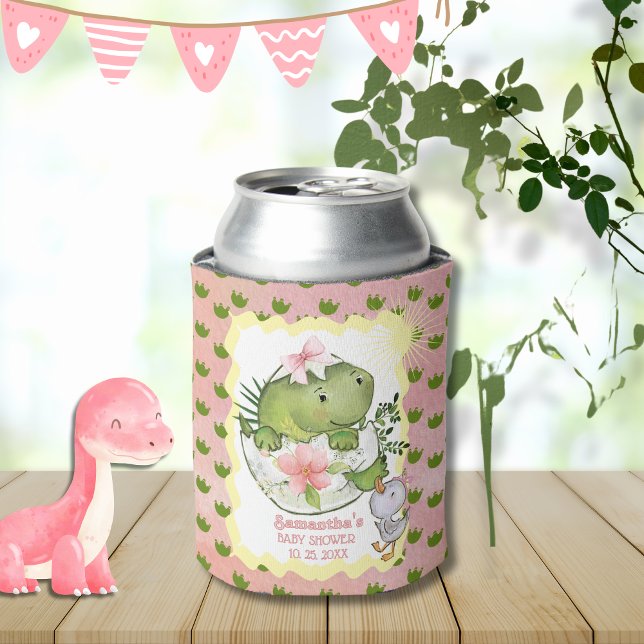 Porta-lata Pink Hatching Dino Baby Shower Can Cooler  (Pink Hatching Dino Baby Shower Can Cooler )