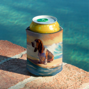 Porta-lata Pintura de Basset Hound Surfando na Praia