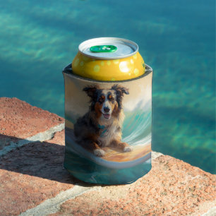 Porta-lata Pintura de Surf na Praia do Australian Shepherd