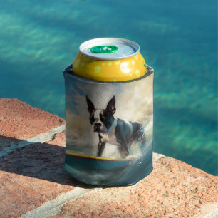 Porta-lata Pintura de Surf na Praia do Boston Terrier