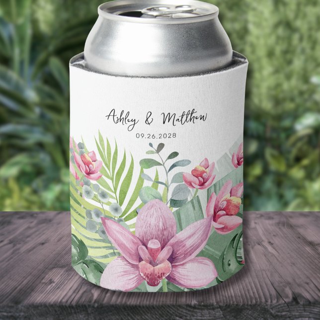 Porta-lata Praia Tropical de Casamento de Verão (Simple Modern Elegant Tropical Palm Floral Wedding Can Cooler)