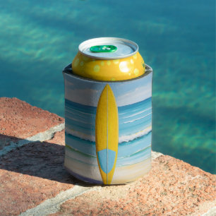 Porta-lata Prancha de surfe azul e amarela na praia
