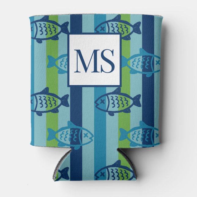Porta-lata Preppy Coastal Fish Green Blue Stripe (Frente)