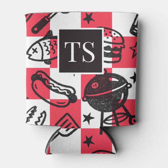 Porta-lata Preppy Dad Grilling Pattern – BBQ Doodles (Check) (Frente)