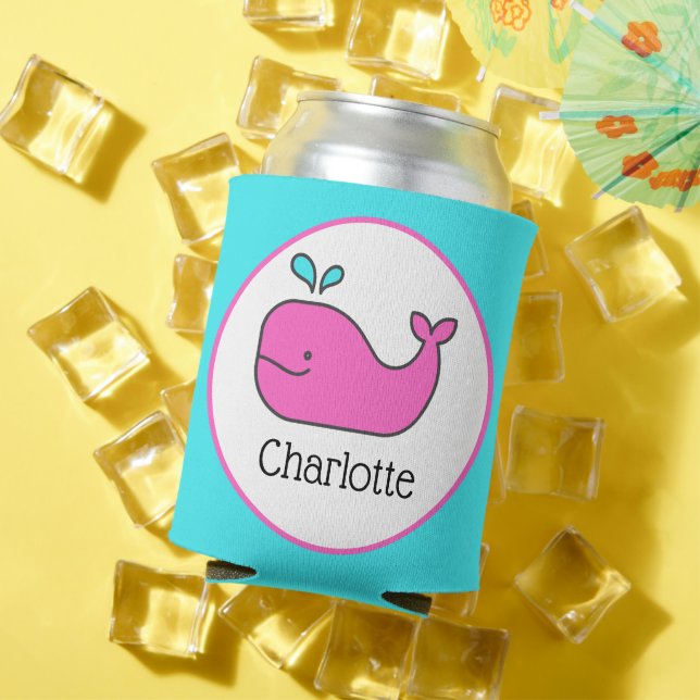 Porta-lata Preppy Pink e Aqua Whale Personalizados (Verão in situ)
