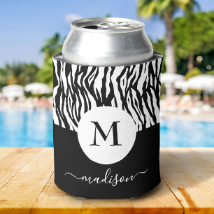 Porta-lata Preto Branco Zebra Estampa Animal Monograma Nome C