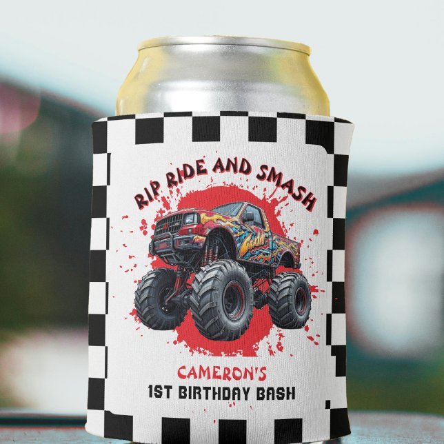 Porta-lata Primeiro aniversario de Sinalizador Verificado do  (Monster Truck Smash Checkered Flag 1st Birthday Can Cooler
)