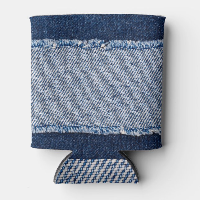 Porta-lata Quadro de jeans azuis com borda denim. (Frente)