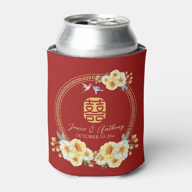 Porta-lata Quartel de casamento chinês, pássaro floral vermel (Can Front)