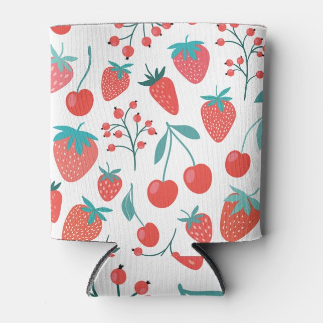 Porta-lata rabisco de fruta: morangos, padrão de cerejas. (Frente)