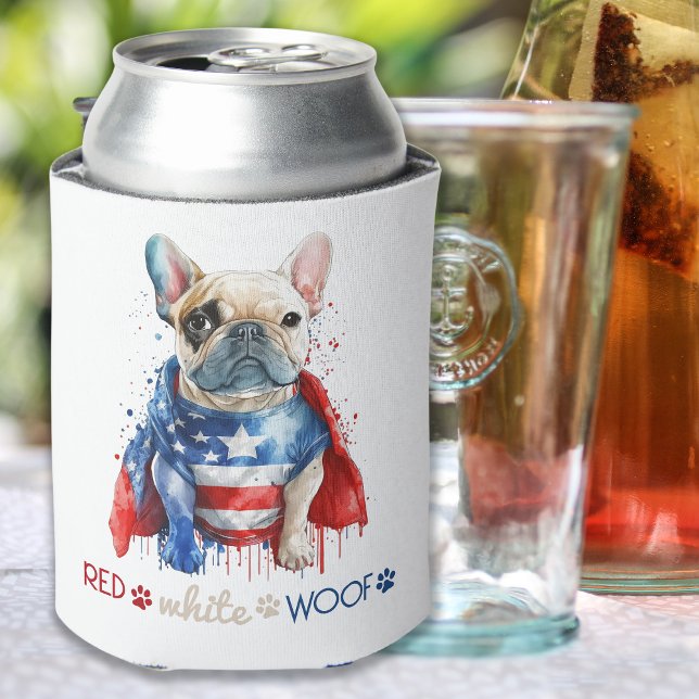 Porta-lata Red White Woof Patriotic French Buldogue 4 de julh (Criador carregado)