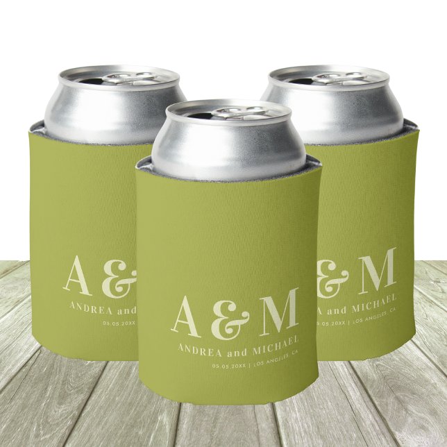 Porta-lata Retro Green & Ivory Monogram Wedding Can Cooler (Criador carregado)