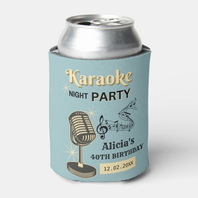 Porta-lata Retro Karaoke Noite Party Teal & Cream Birthday (Can Front)