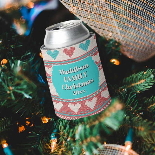 Porta-lata Retro Ugly Christmas Sweater Aqua Blue Red Hearts (Criador carregado)