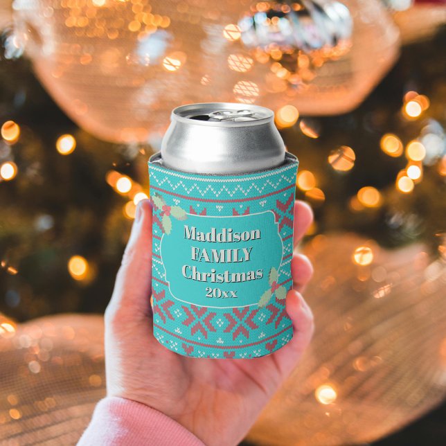 Porta-lata Retro Ugly Christmas Sweater Blue Red Holly (Criador carregado)