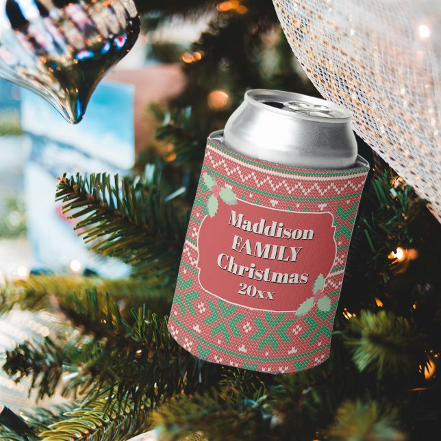 Porta-lata Retro Ugly Christmas Sweater Red Green Holly (Criador carregado)