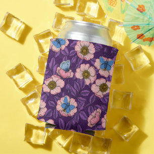 Porta-lata Rosa de cão e borboletas em rosa e roxo