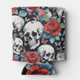 Porta-lata Rosas de crânio e borboletas em preto
