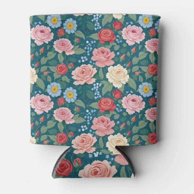 Porta-lata Rosas e Forget-Me-Nots Teal (Frente)