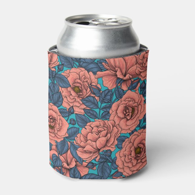 Porta-lata Rosas rosa com folhas azuis (Can Front)