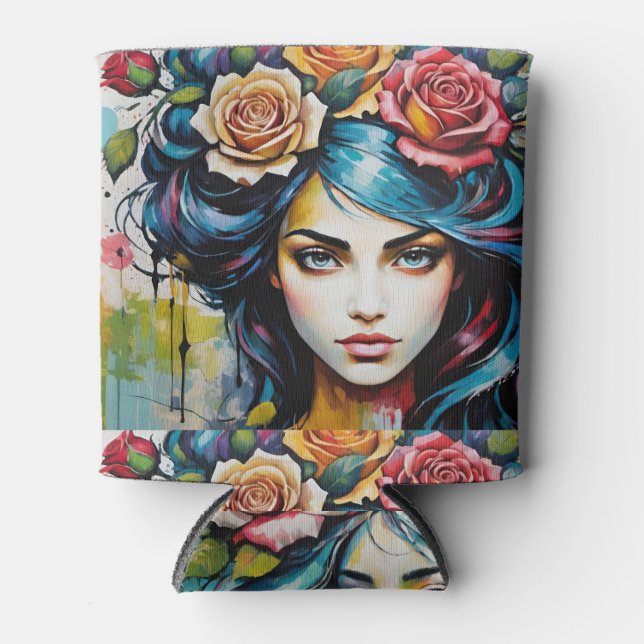 Porta-lata Rosto de Garota com Estilo de Aquarela de Rosas (Frente)