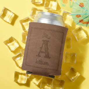 Porta-lata Rustic Brown Faux Leather Custom Monograma Name