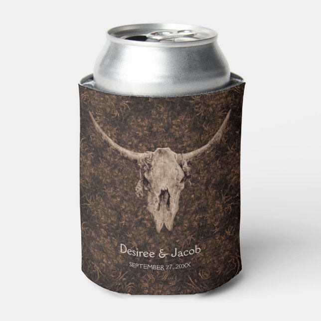Porta-lata Rustic Elegant Wedding Brown Western Bull Skull (Can Front)