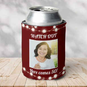 Porta-lata Rustic Modern Custom Photo 50th Birthday Burgundy